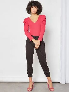 V-Neck Puff Sleeve Bodysuit in Coral Pink